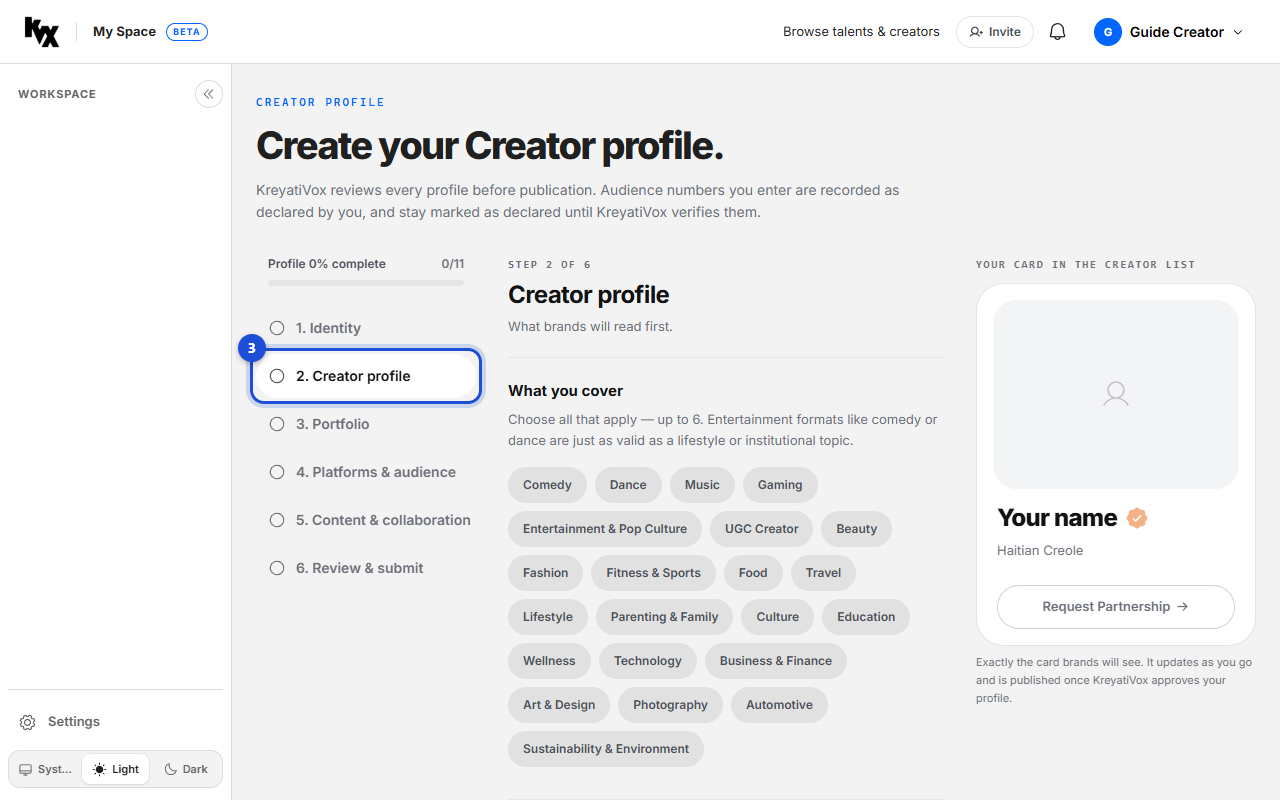 Step 3: Creator profile